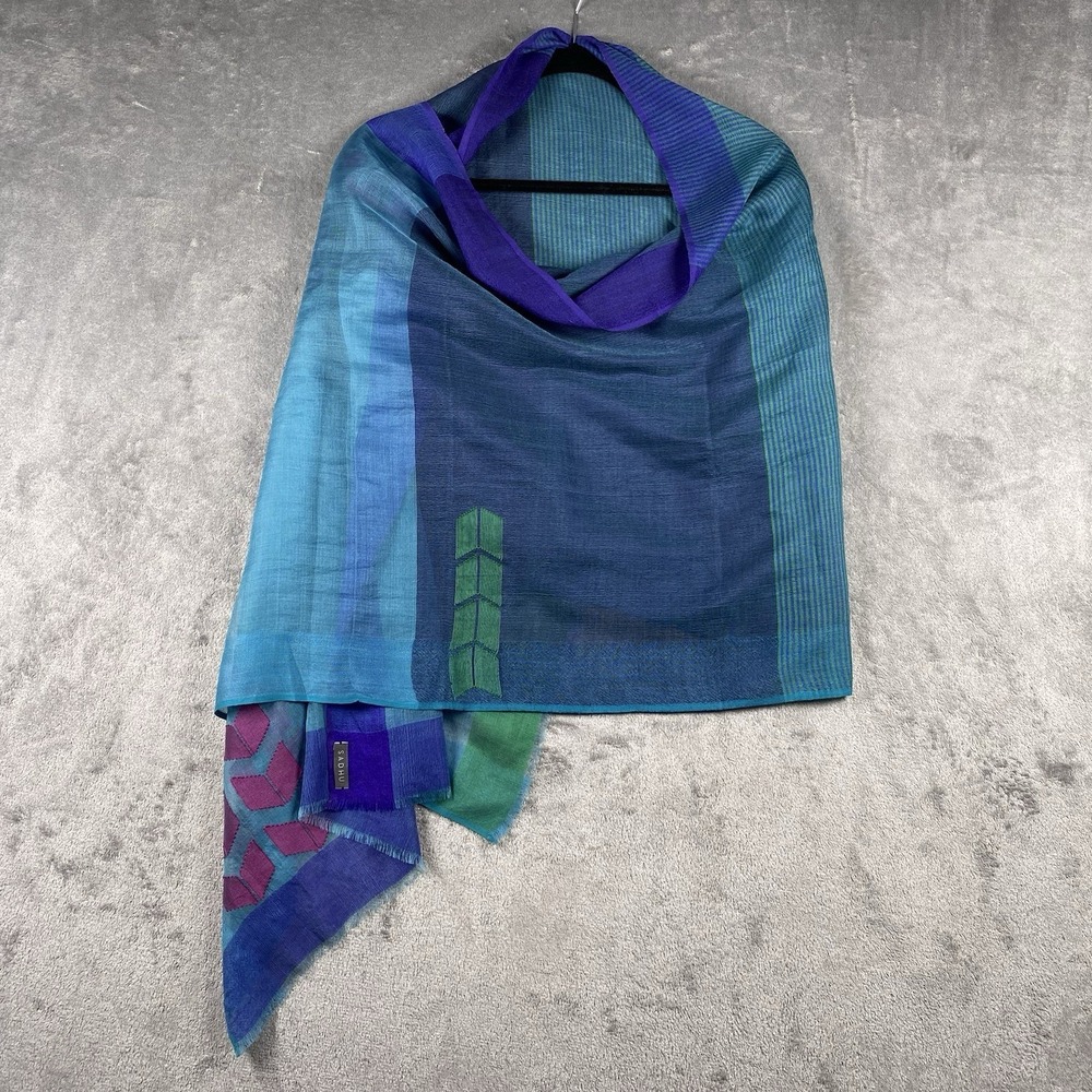 Sadhu Scarf Shawl Wrap Silk Wool Geometric Sheer Hand‎ Woven Blue Green Purple